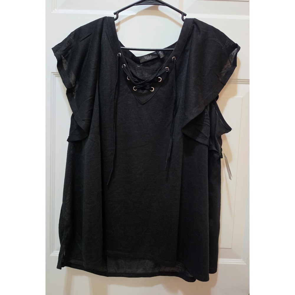 NWT Ella Rafaella Black Lace-Up Flutter Sleeve Top Blouse - Size 3X